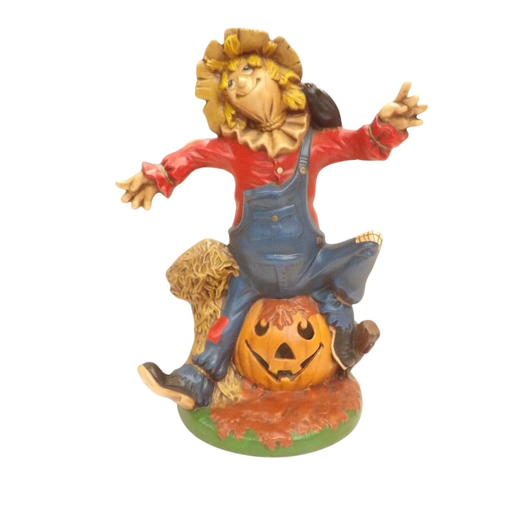 VTg Ceramic Light Up Scarecrow on Pumpkin Halloween Fall Decor Figurine